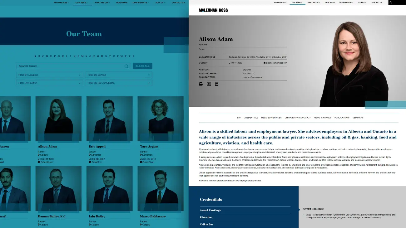 McLennan Ross Our Team landing and detail pages