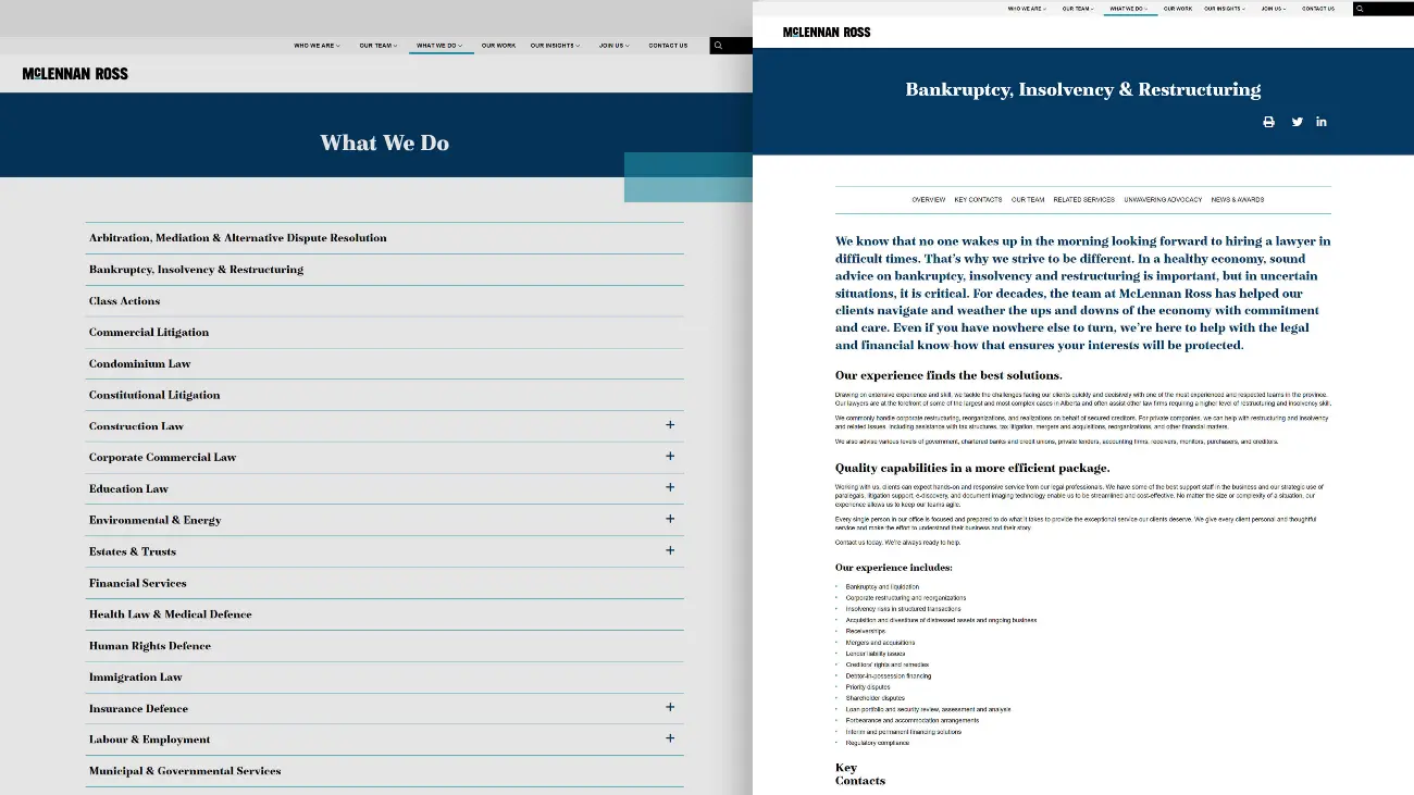 McLennan Ross What We Do landing and detail pages