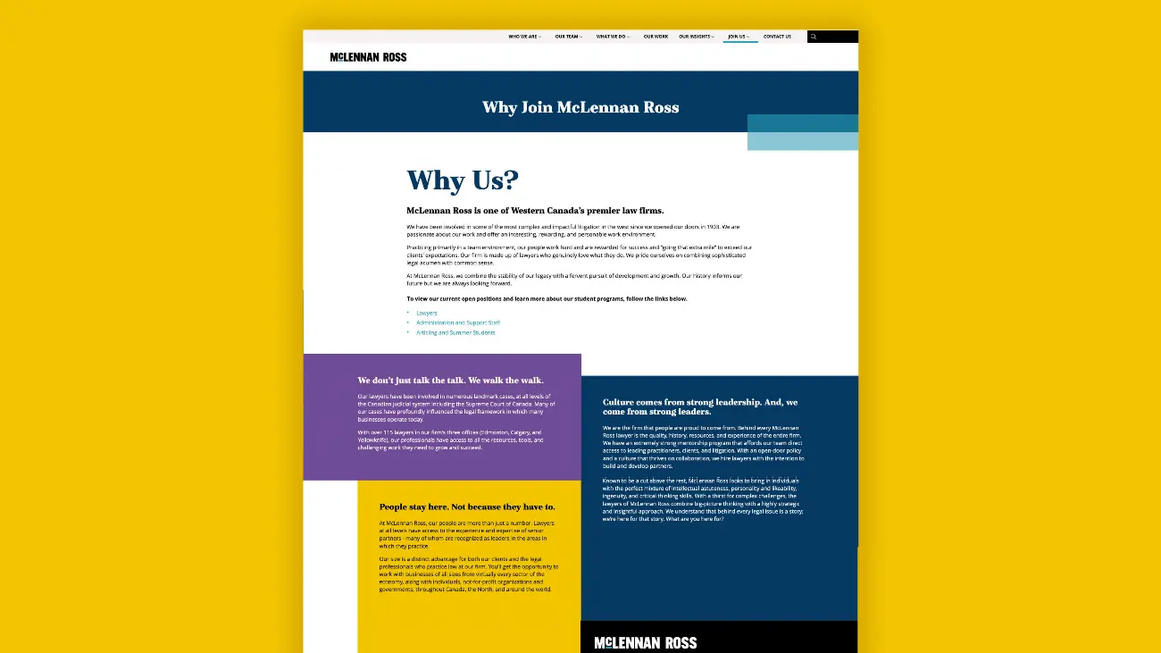 McLennan Ross Why Join Us page on website