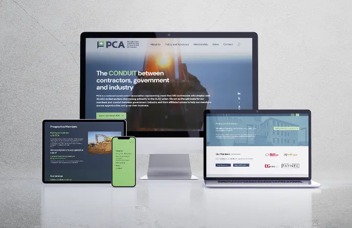 PCA's website on a desktop screen, tablet, mobile, and laptop.