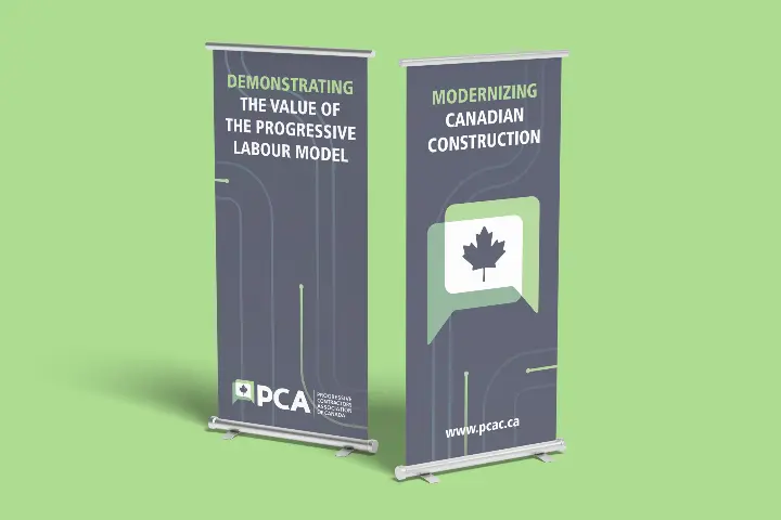 Two pop-up banners standing up-right side by side.