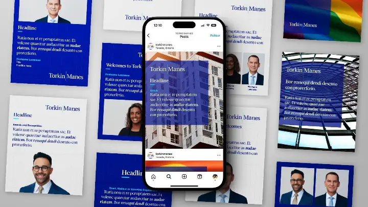 Torkin Manes iPhone showing social media template